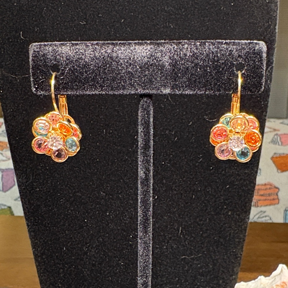 Multicolor Floral Crystal and Gold Earrings